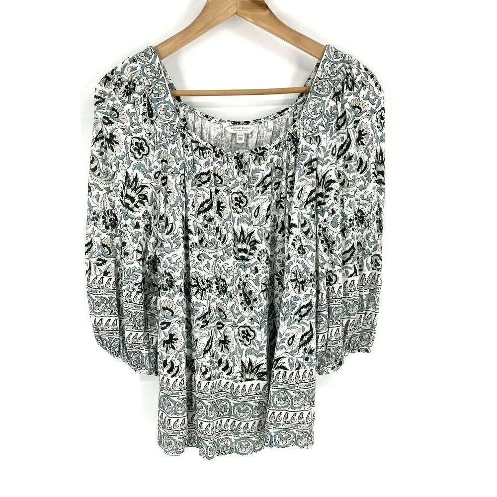 Lucky Brand Top Size XS Womens Green Peasant Border Print Square Neck Heritage